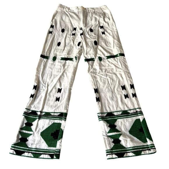 Zara Pants Womens High Rise X-Small Embroidered White Green Linen Blend - Picture 4 of 13
